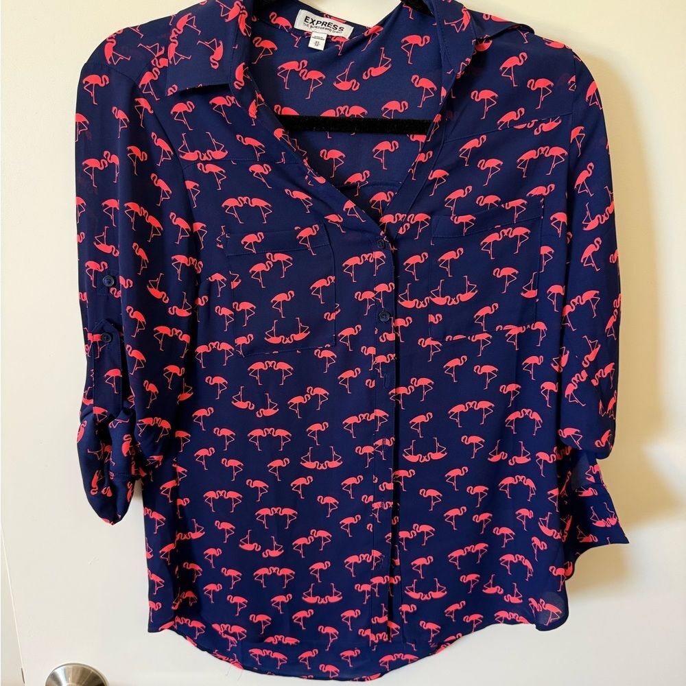 Express Navy Flamingo Pattern Portofino Button Down Shirt
